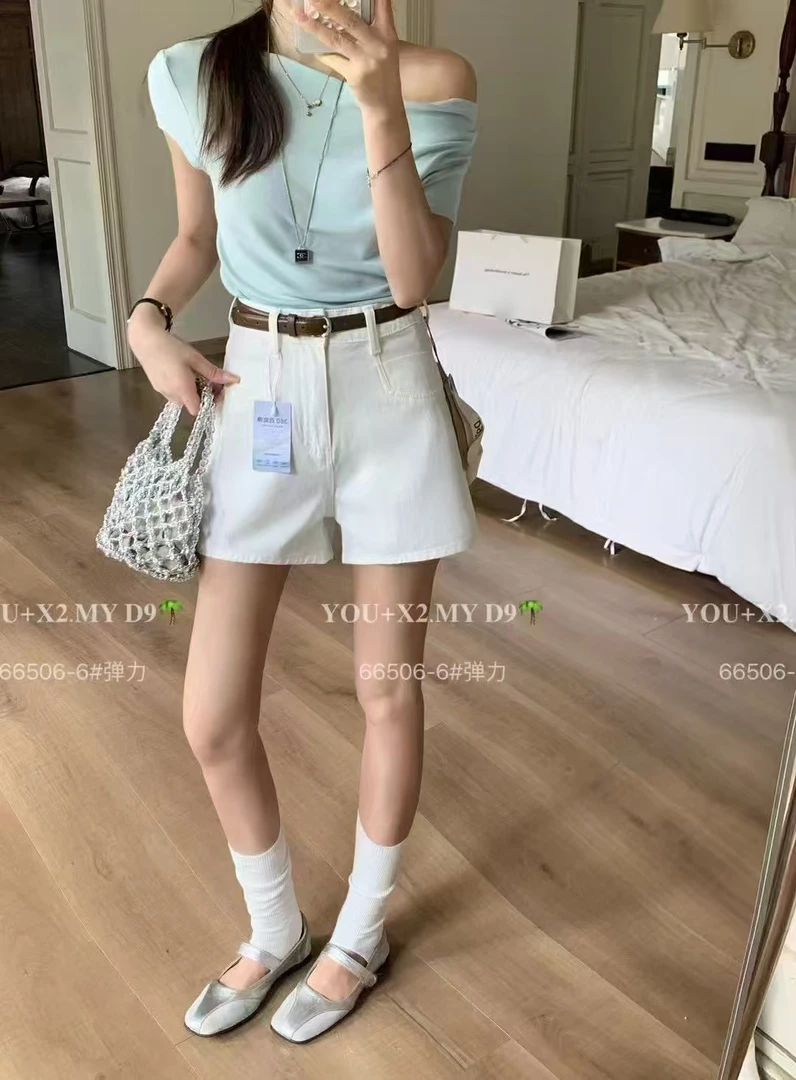 十三行品牌X2极简风短裤a字薄款牛仔裤66506