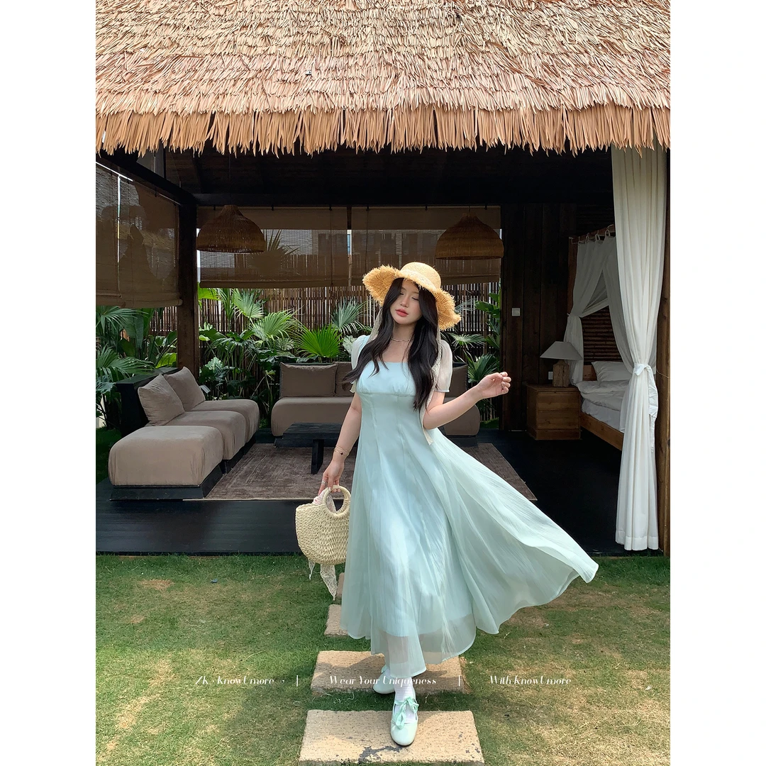 知葵微胖定制【绿踪之梦】夏季优雅气质方领连衣裙12251L1517