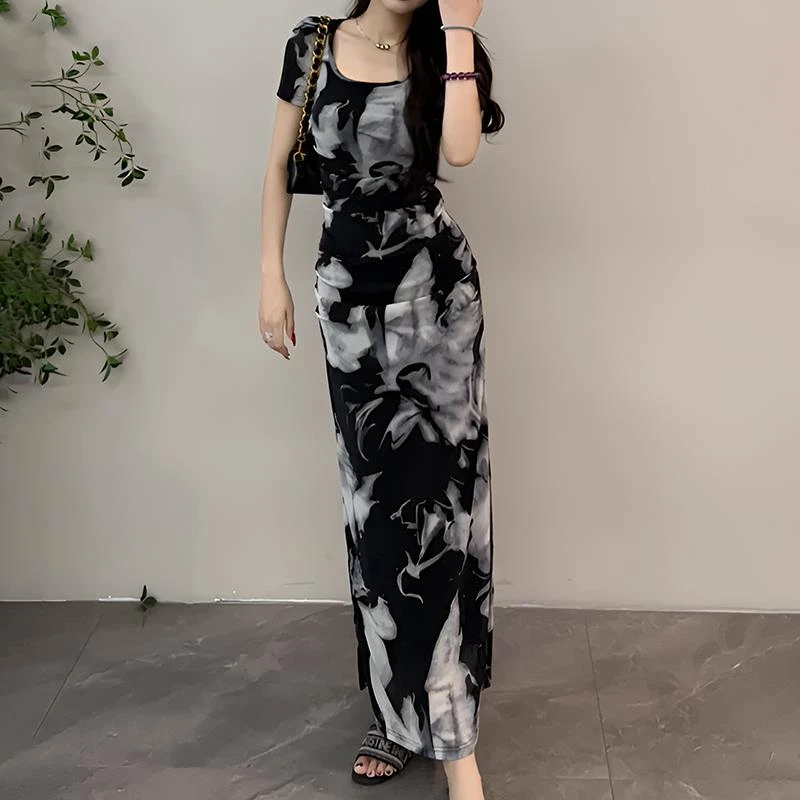 【大婷婷】中国风水墨画复古修身长裙开叉包臀新款短袖连衣裙长裙子