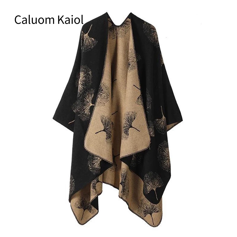 Caluom Kaiol银杏叶空调披肩秋季保暖围巾民族风外搭加厚披风女款