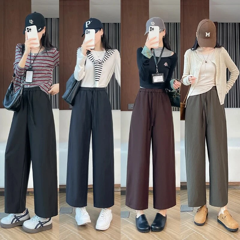 乌梅子色窄版抽绳阔腿裤小个子遮肉显瘦八九分直筒裤子