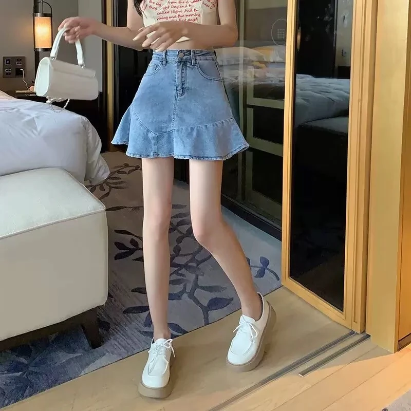 鱼尾牛仔半身裙女a字2025春夏新款高腰荷叶边短裙子显瘦包臀裙裤
