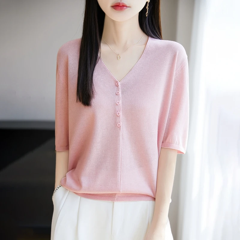 哥弟阿玛施正品夏季简约纯色针织短袖V领冰丝宽松显瘦上衣t女透气