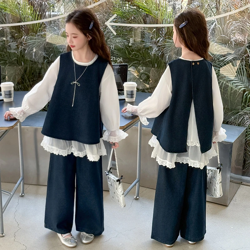 女童牛仔套装春秋2025新款儿童网红炸街三件套大童韩系高级感穿搭