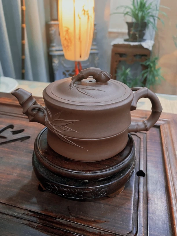 宜兴牛盖四方壶红泥紫砂壶原矿竹段壶茶具泡茶壶黄龙山原矿贴竹叶