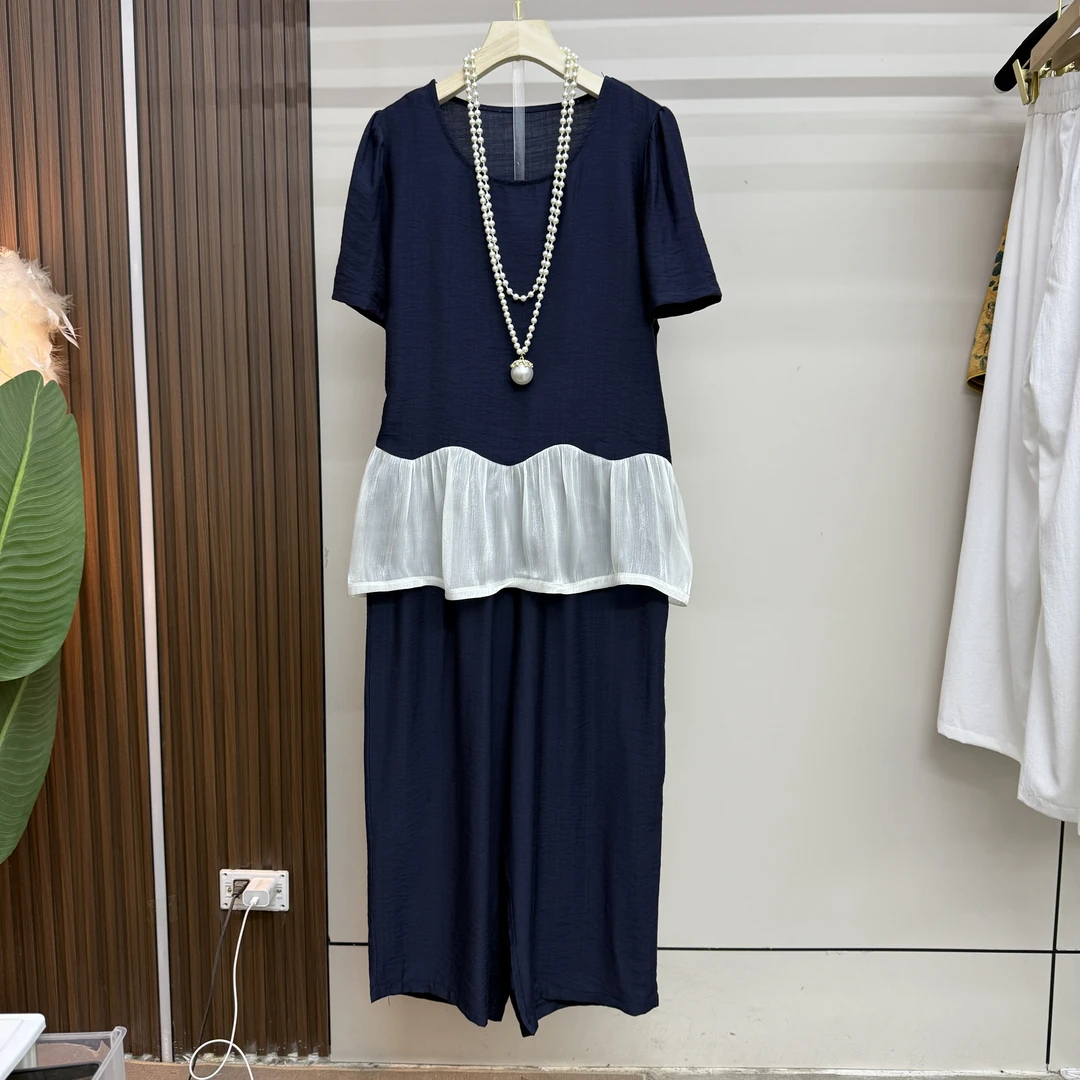 欧洲站夏季新款圆领拼接荷叶边短袖上衣搭配高腰阔腿裤套装女1595