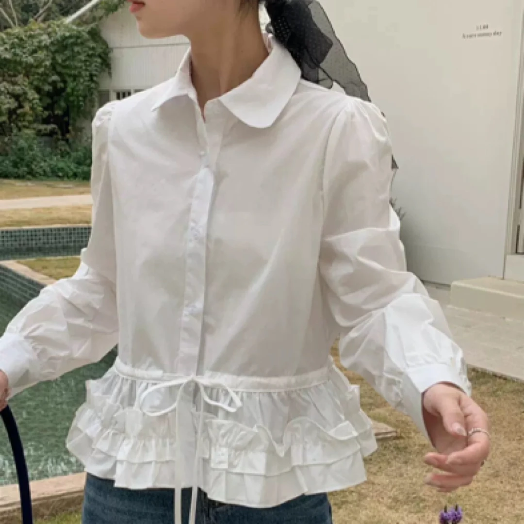 法式甜美下摆花边娃娃领长袖衬衫女2025早春新款高级气质绝美小衫