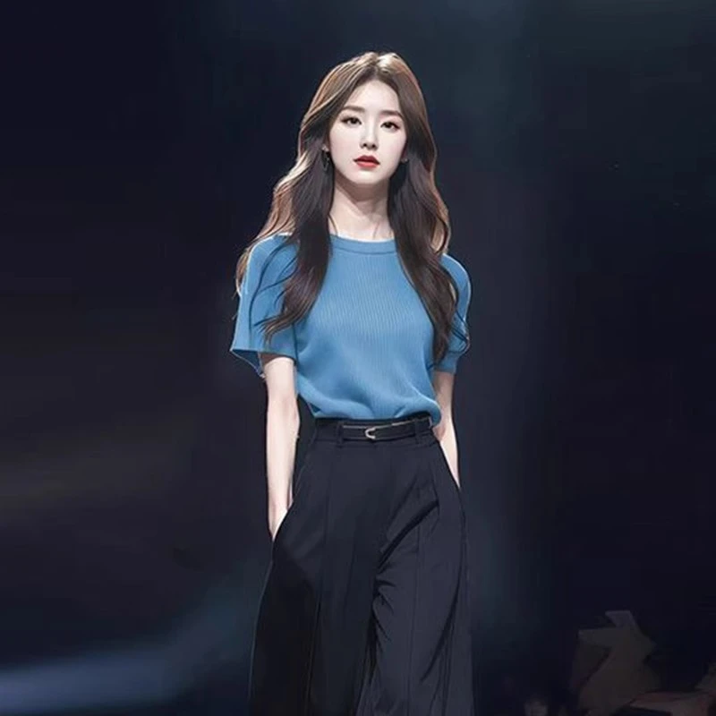 盐系轻熟风高级感针织上衣夏季新款简约百搭圆领短袖T恤透气小衫