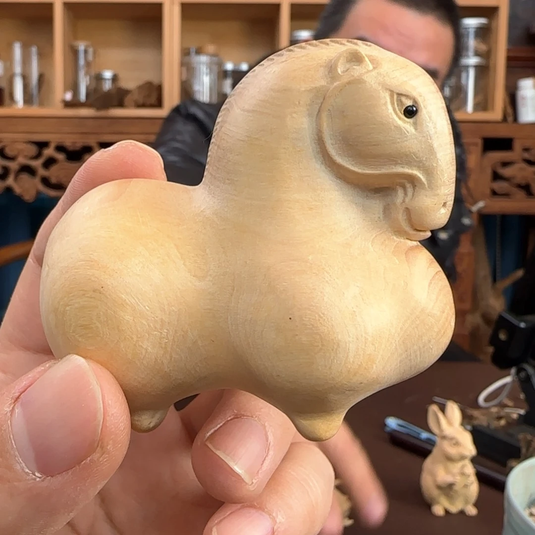 黄杨木把件马，十二生肖雕件