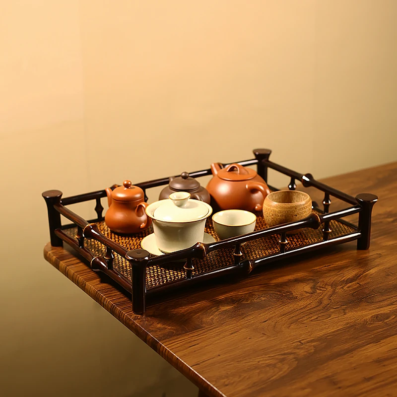 竹编筇竹茶盘壶承茶具古法漆器做旧家用茶托盘干泡台茶壶置物架