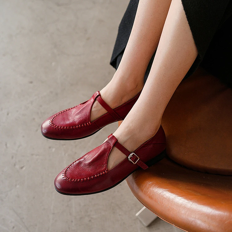 【跟高2CM】牛羊羊/时尚百搭红色一字带玛丽珍女鞋平底女单鞋