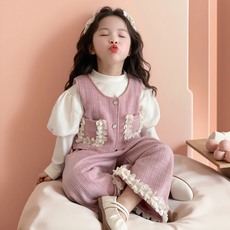 女童泡泡袖三件套2025春秋新款女宝宝套装时髦小女孩春装衣服甜美