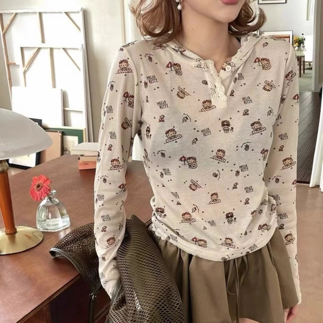 「涵涵家」kitty印花洋气显瘦连帽长袖t恤#8842