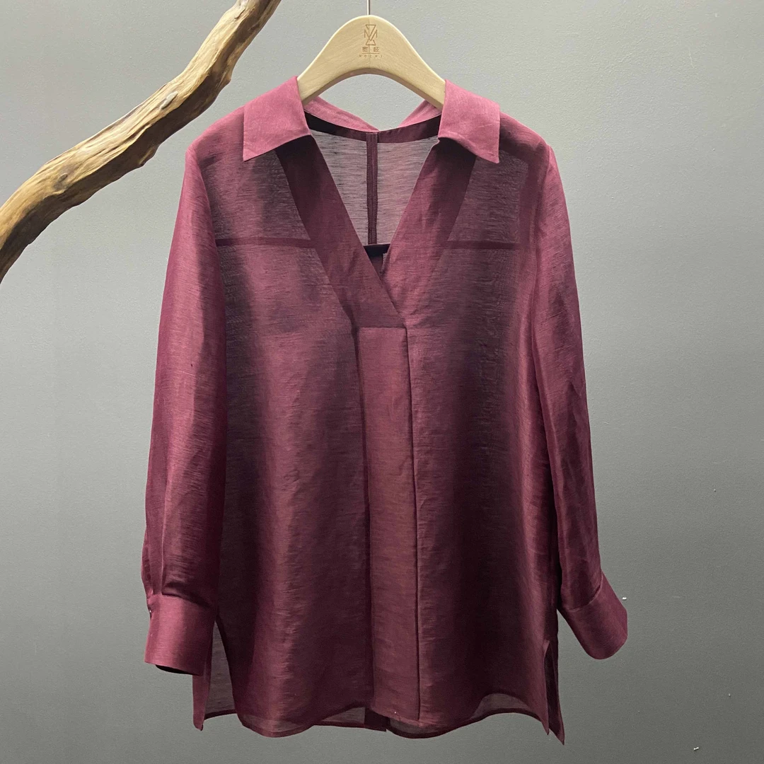 墨枝 V领套头百搭桑蚕丝亚麻衬衣S900A338