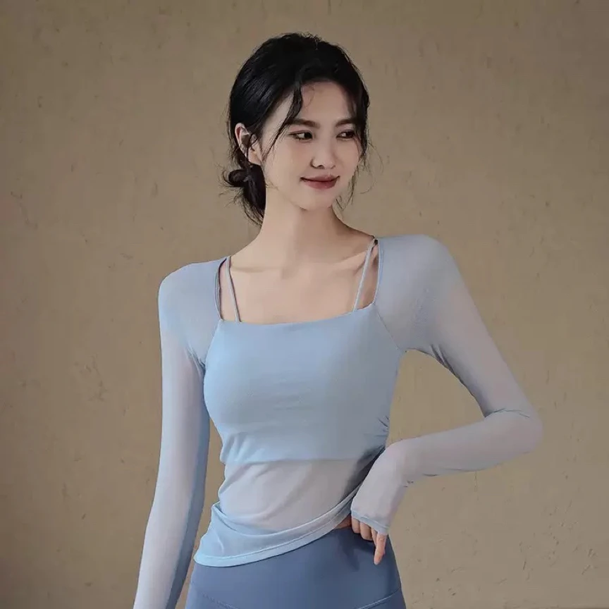 带胸垫瑜伽服女网纱拼接速干运动上衣高级感普拉提训练健身服