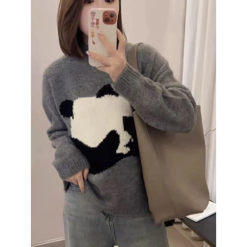 秋冬季羊毛长袖熊猫纯色保暖宽松设计感时尚针织毛衣HG8023