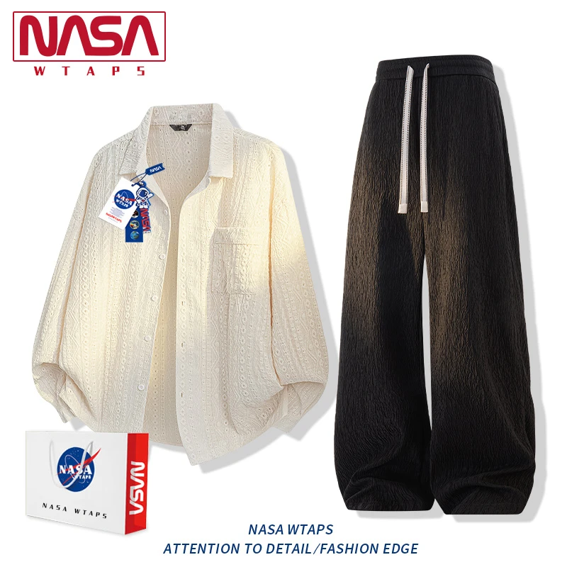 NASA WTAPS镂空纹理感长袖衬衫套装男夏季高级感衬衣休闲运动套装