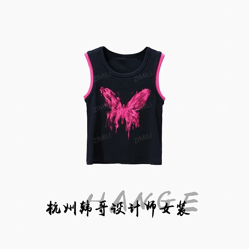 【韩哥女装】欧版设计师高定暗夜黑蝴蝶水印时尚休闲修身背心9298