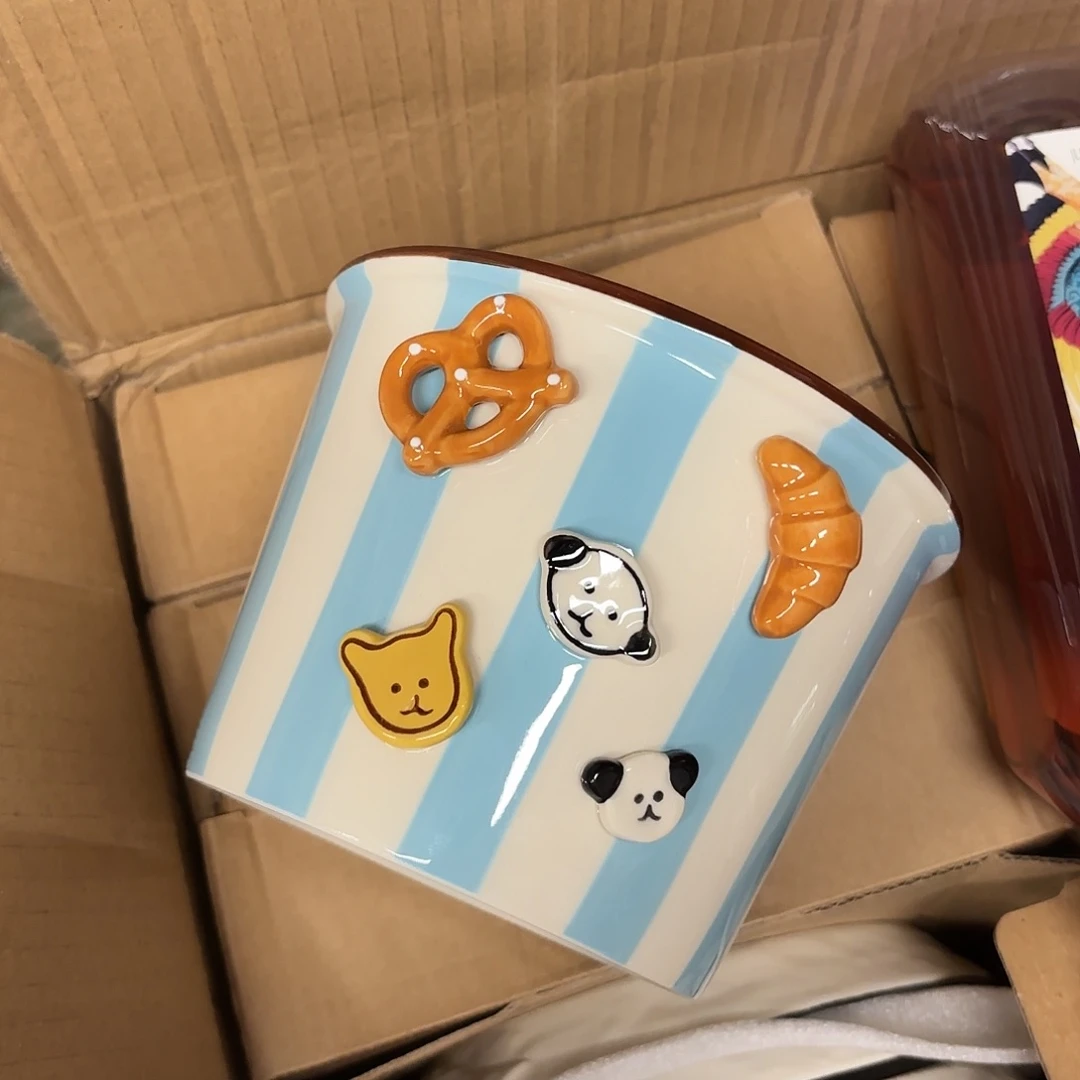稻谷壳纽扣小狗蓝白条纹泡面碗
