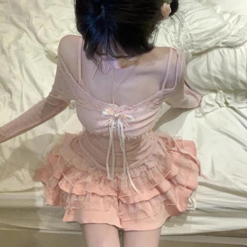 2025夏季爆款少女气质纯欲轻奢蕾丝甜美吊带开衫连衣裙套装两件套