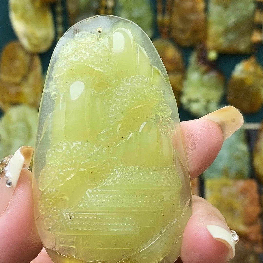 蛇纹石玉未镶嵌颈饰手工山水牌福利