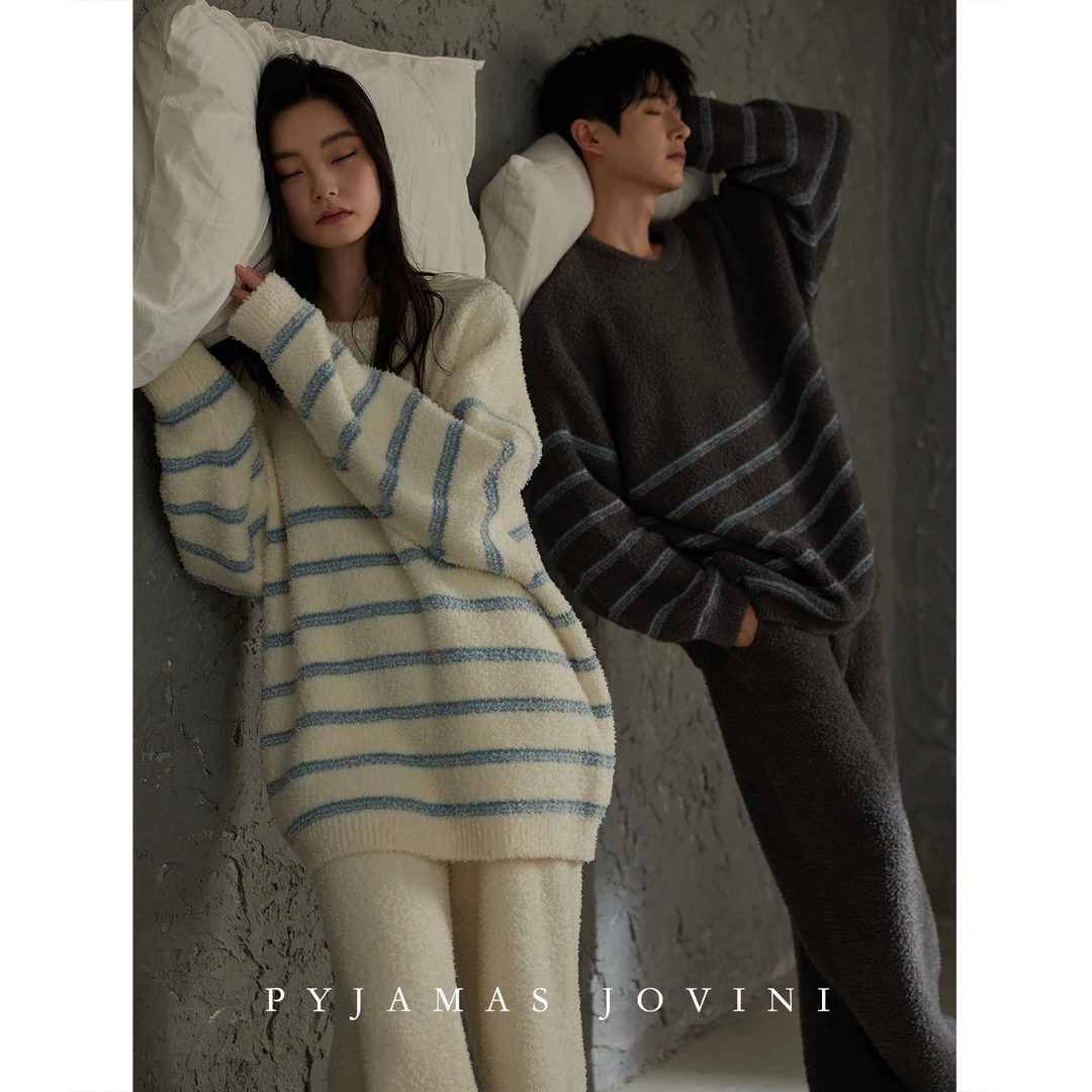 俏薇妮情侣睡衣女冬季款半边绒保暖加厚条纹男珊瑚绒家居服套装
