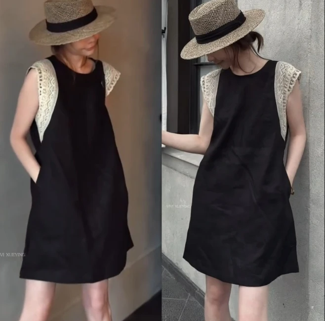 2025夏季新款无袖拼接双层蕾丝花边连衣裙短裤套装 0108