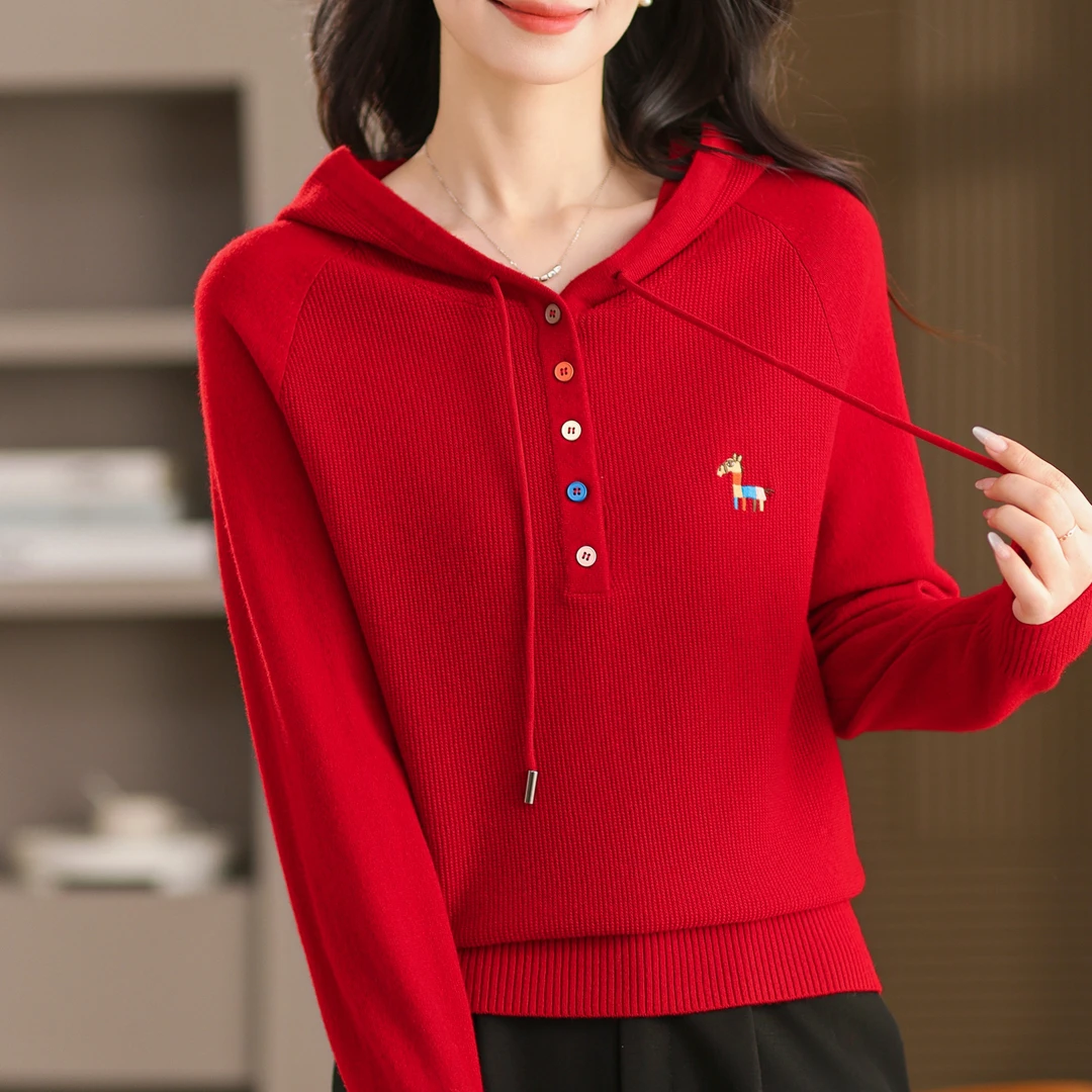 100%纯羊毛衫女士连帽针织衫秋冬毛衣厚款宽松卫衣打底衫休闲上衣