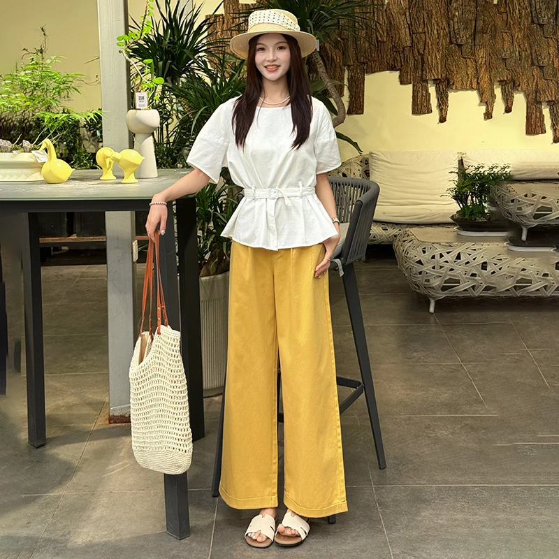 黄色轻薄纯棉阔腿裤女2025夏季新款今年流行宽松慵懒休闲直筒裤子