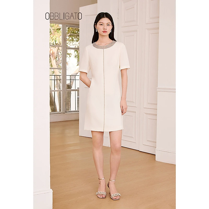 OBBLIGATO奥丽嘉朵2025夏季1C35205210新品钉珠立体剪裁连衣裙
