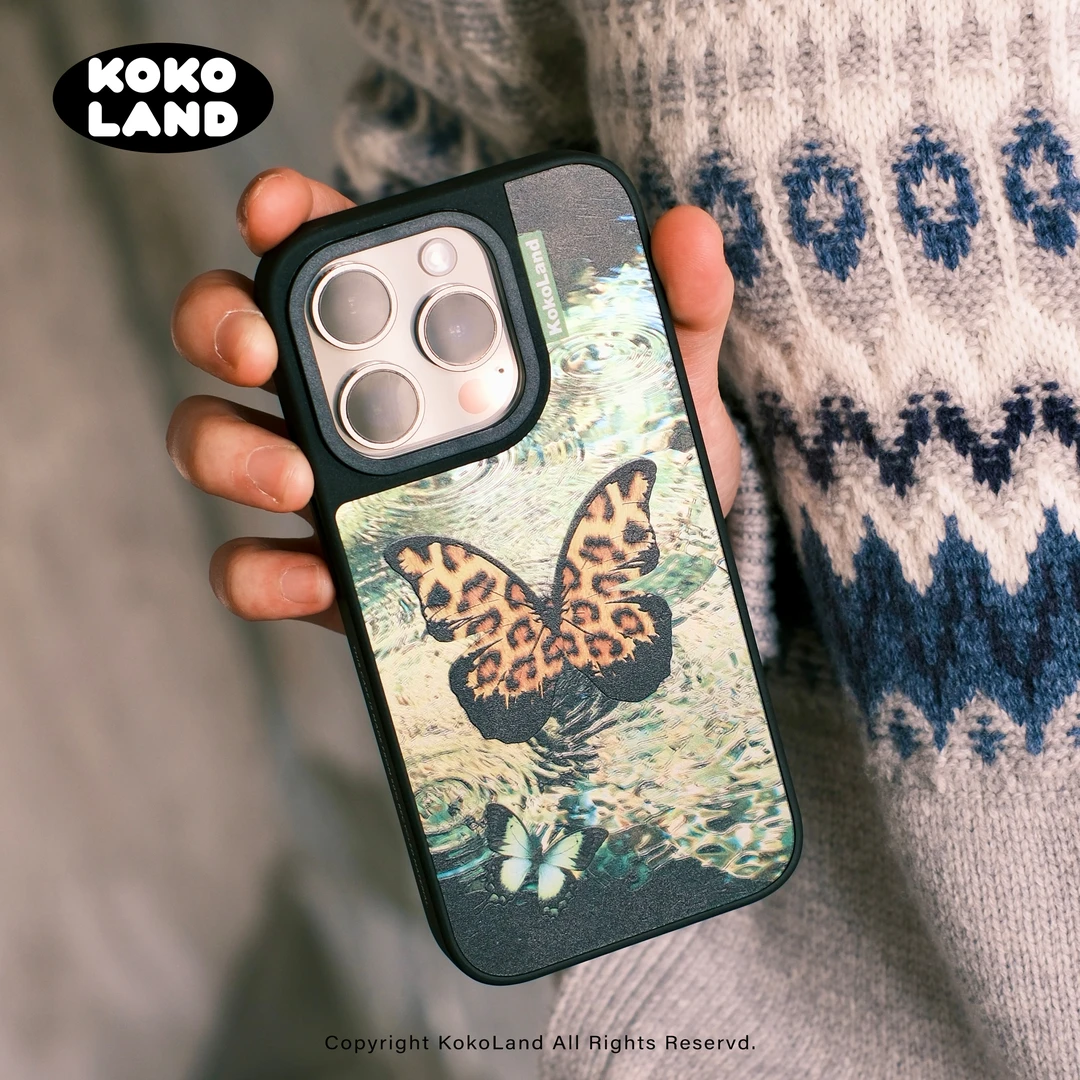 kokoland波漾蝴蝶绿黑边磨砂硬壳小众手机壳适用苹果