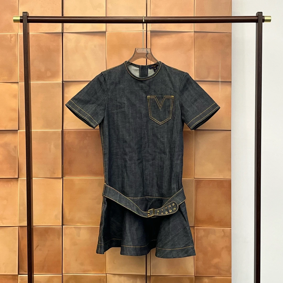 99新 LouisVuitton/路易威登 深蓝色金扣腰带连衣裙/36码/29505