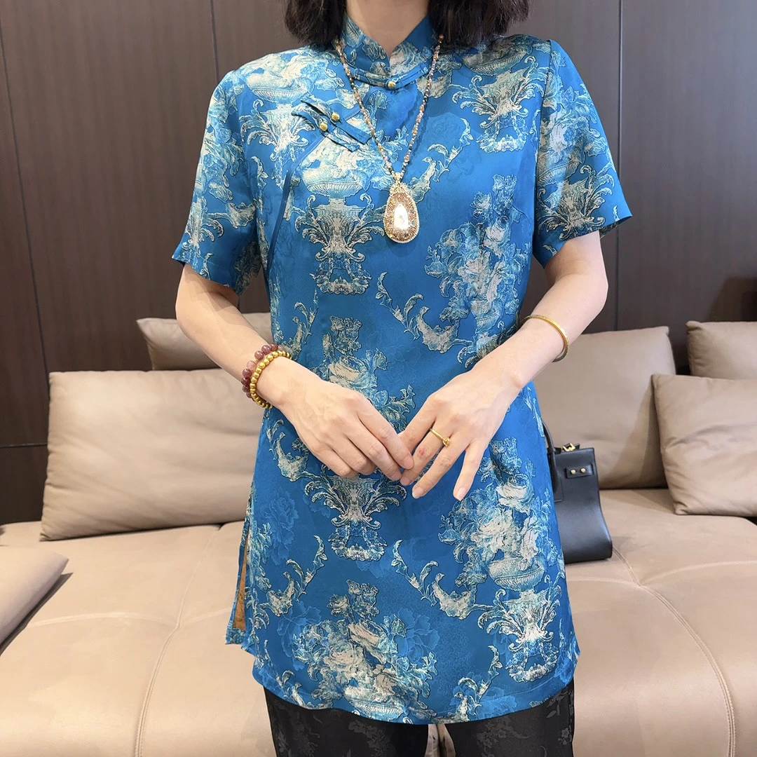 青瓷新中式腰型显瘦旗袍风短袖上衣
