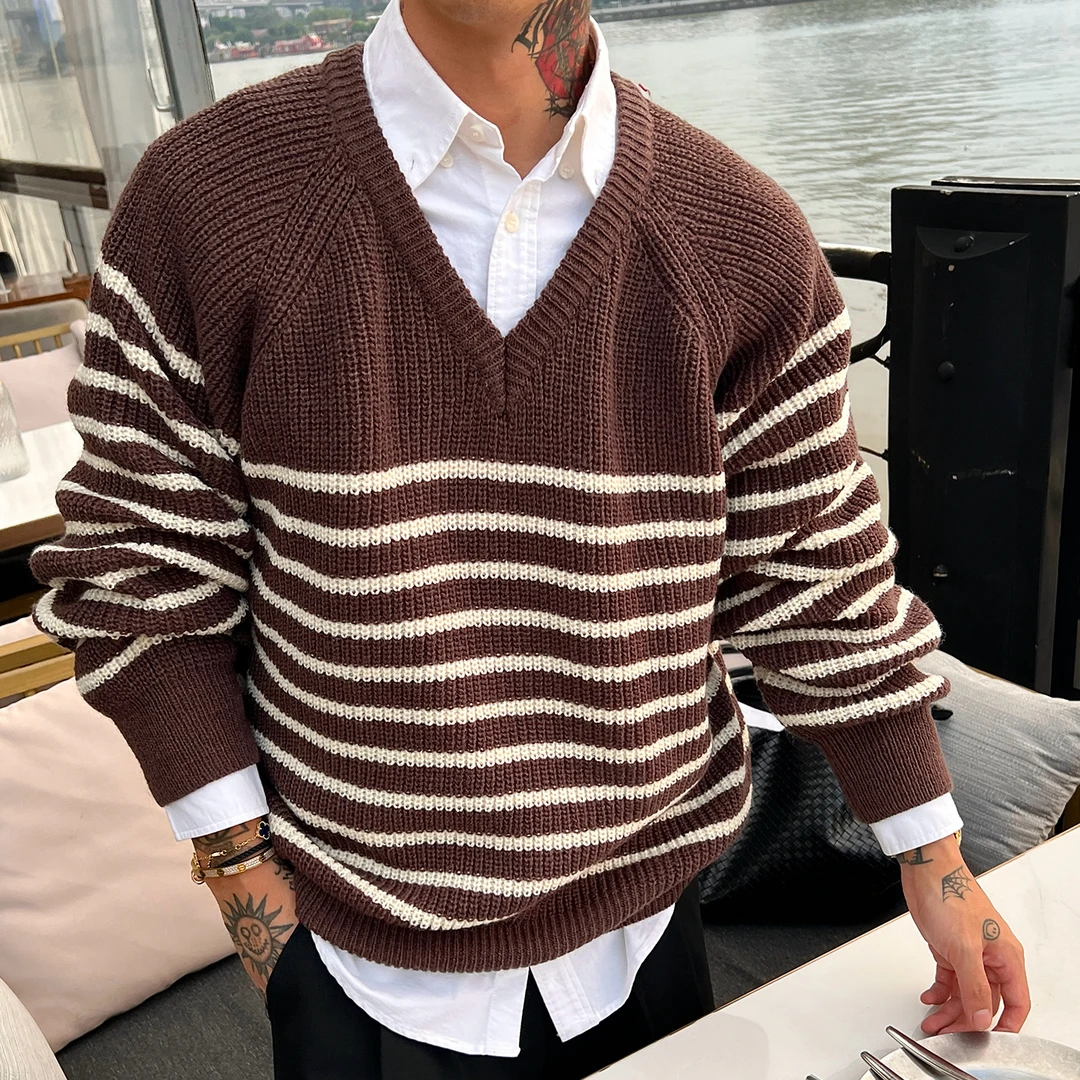 OXFREAK「撞色横条纹 老钱风」重磅厚款套头v领毛衣男秋冬针织衫