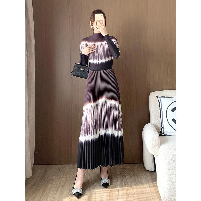 时尚渐变色套装女装2025新款中东跨境外贸女装褶皱上衣半裙两件套