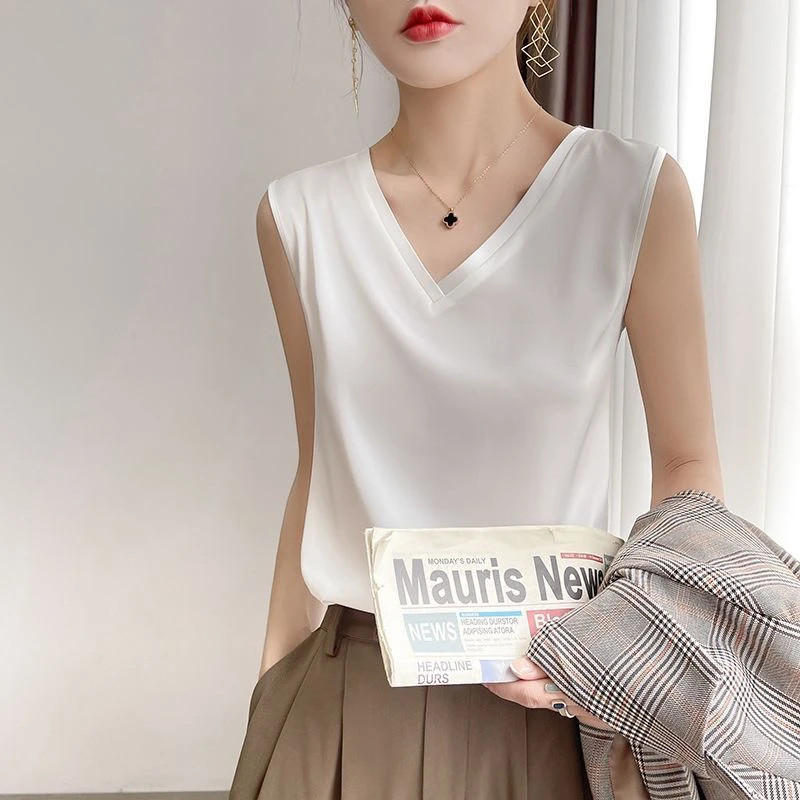 吊带背心女夏V领打底无袖西装内搭醋酸缎面打底T恤
