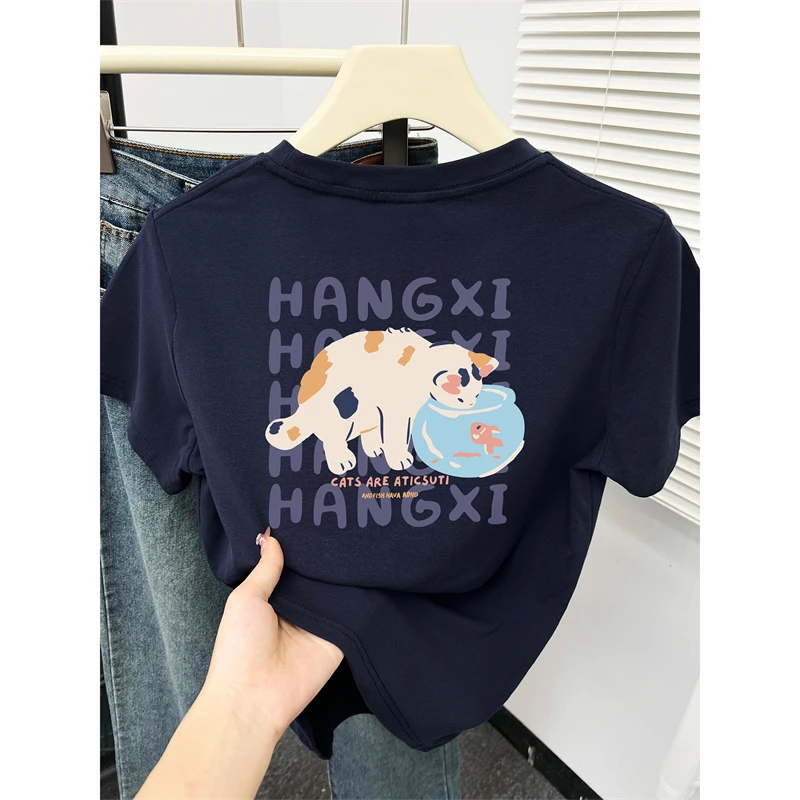 夏季新款藏蓝色短袖女t恤胖mm显瘦正肩洋气圆领猫咪前后印花上衣