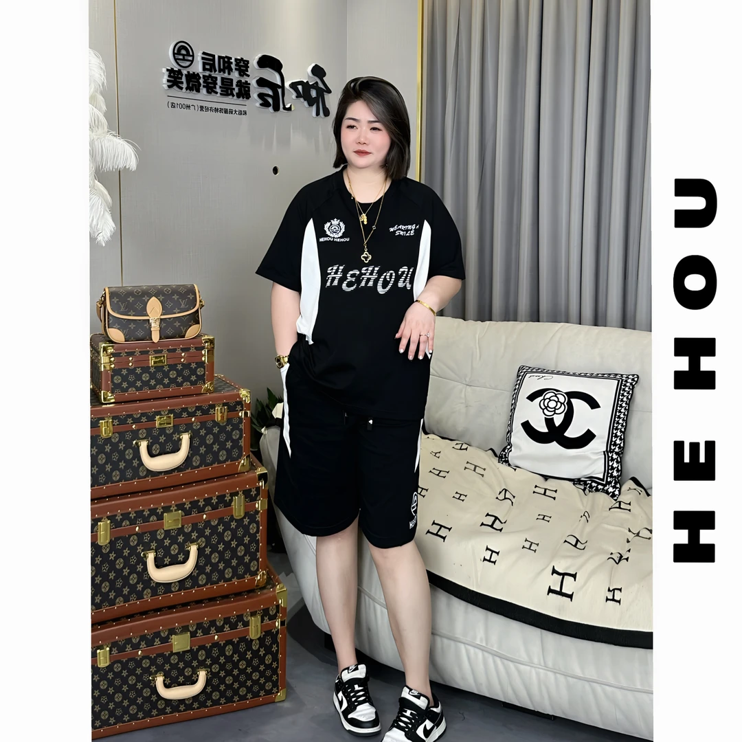 504581 和后大码 夏季新款美式运动休闲百搭宽松套装显瘦时尚