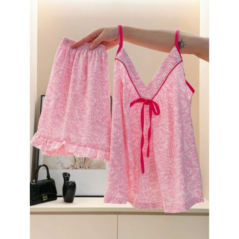 甜美多巴胺撞色提花吊带睡衣女纯欲家居服可外穿套装SY241845