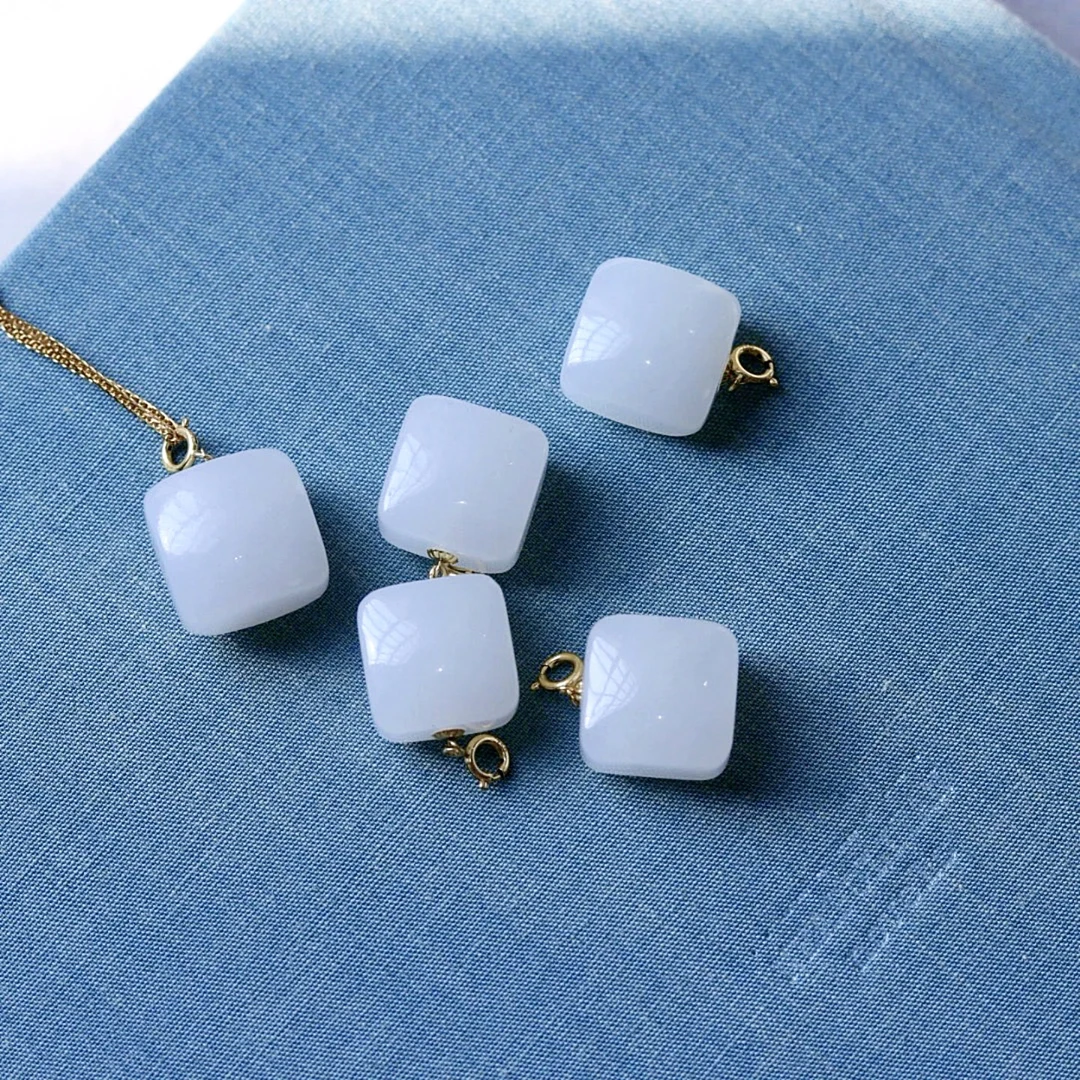 【方糖】瑾玉和田玉白玉方糖吊坠 18k金镶嵌  尺寸：12/9 L0190-1
