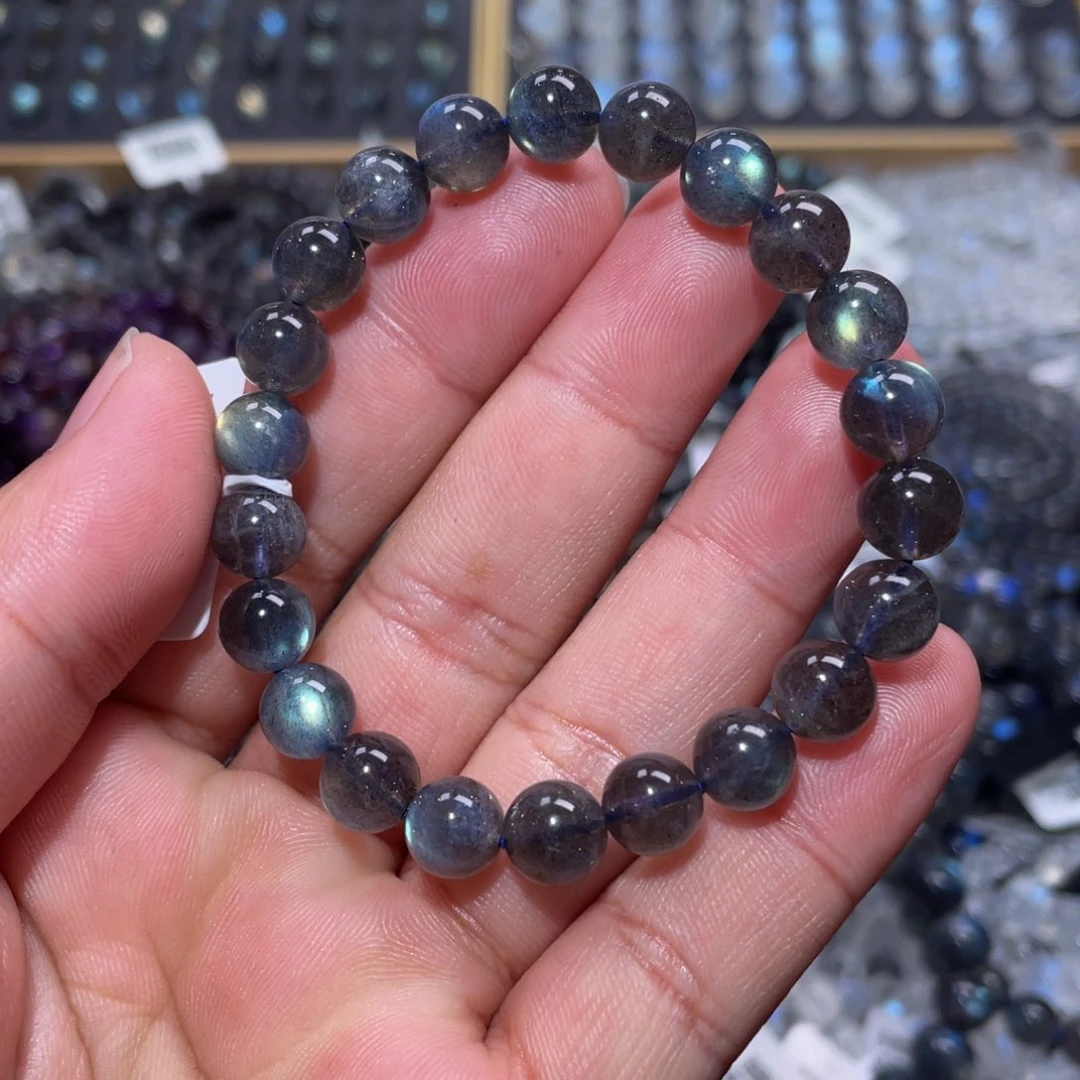 拉长石手链未镶嵌贪**三黑体拉长石手链8.5m