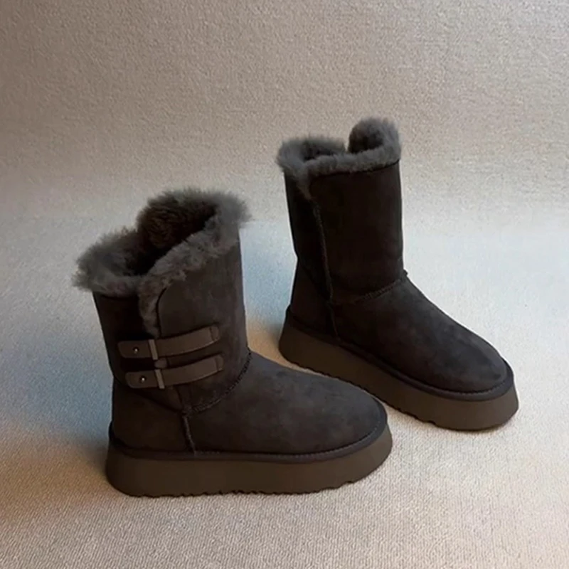 自留版~复古厚底皮带扣雪地靴女加绒保暖时尚百搭毛毛鞋短靴棉靴