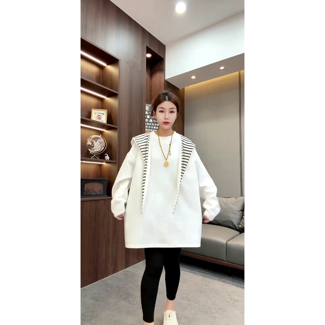 欧货宽松时尚百搭长袖卫衣+条纹帽子两件套