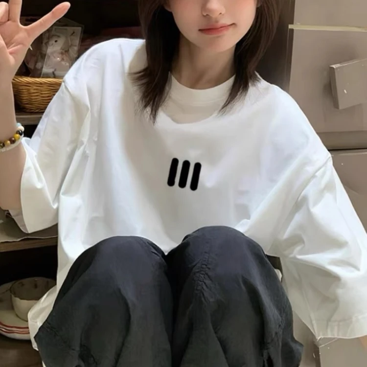 凉感索洛纳防晒短袖t恤女夏季新款宽松圆领休闲白色情侣落肩上衣