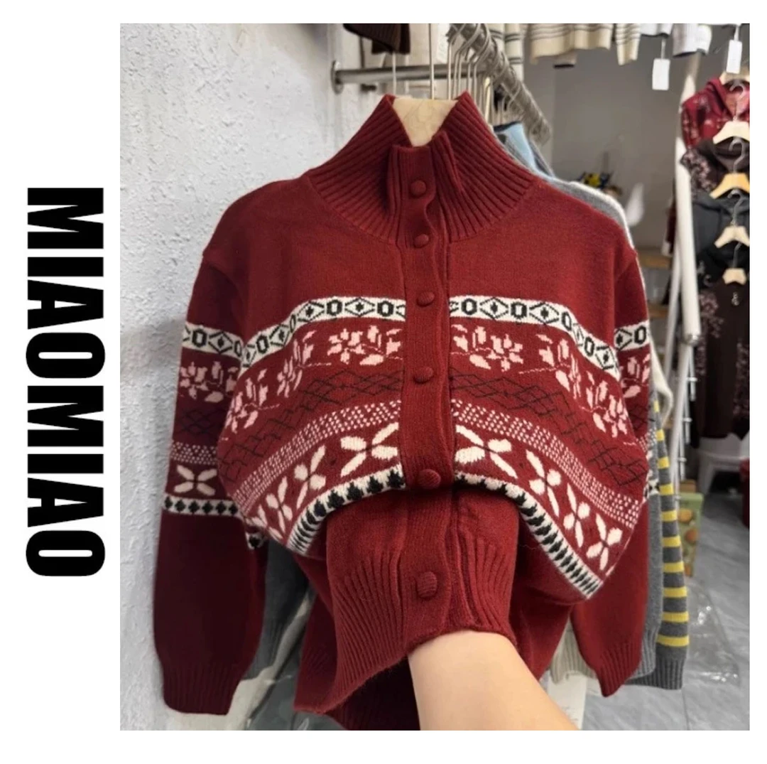 2025秋冬季新款高领加厚格纹宽松长袖针织开衫毛衣外套女K805