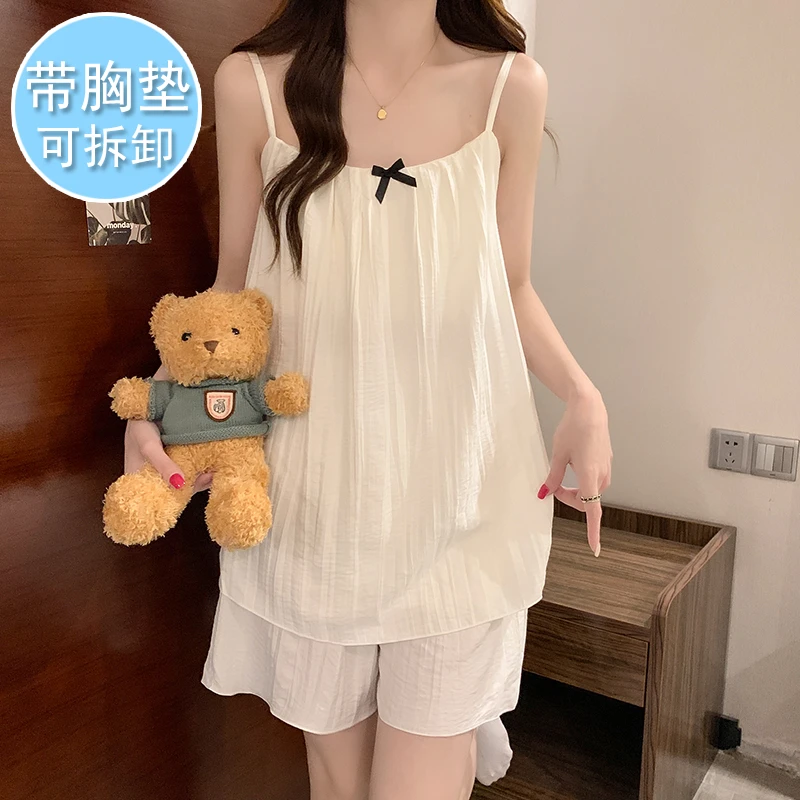 【运补】带胸垫睡衣女夏季新款时装皱吊带套装加大码220斤可穿家居
