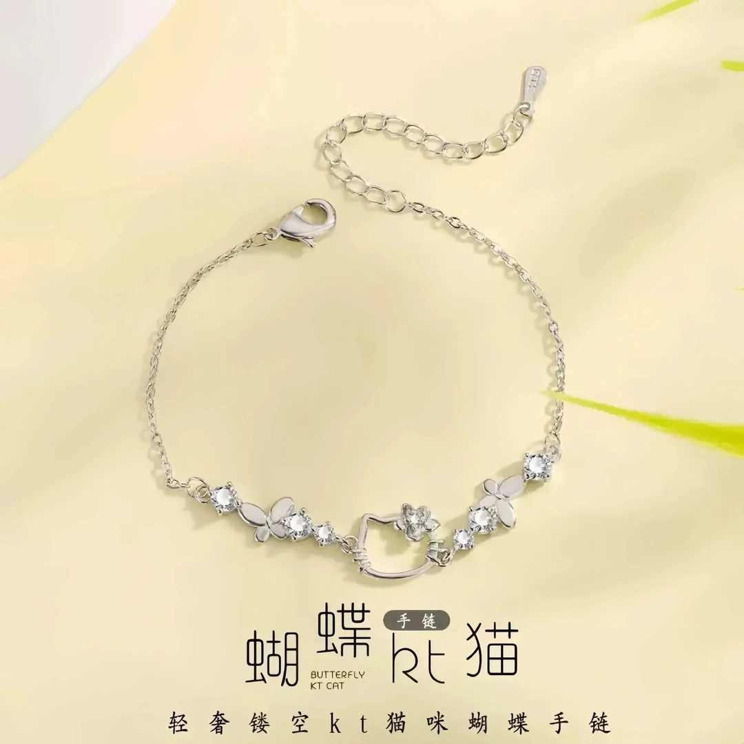 时尚可爱猫咪手链女少女心KT猫手饰简约精致蝴蝶银色轻奢百搭小众