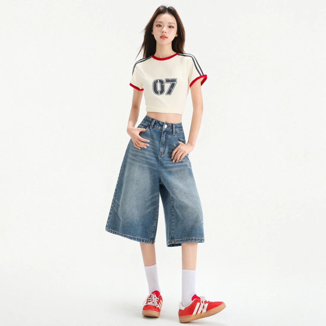 现货七分阔腿牛仔裤女2025春季美式复古高腰显瘦宽松褶皱裤子