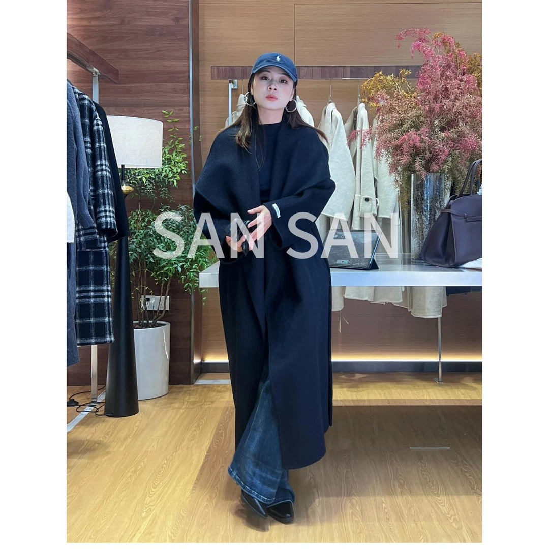 SANSAN推荐【本色月光】秋冬大波浪翻领排扣中慵懒长款大衣