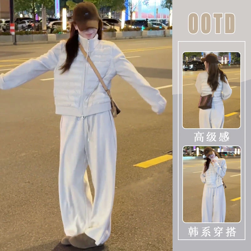 2025年冬季新款设计感别致棉服拼接修身外套搭配高腰遮胯休闲裤潮